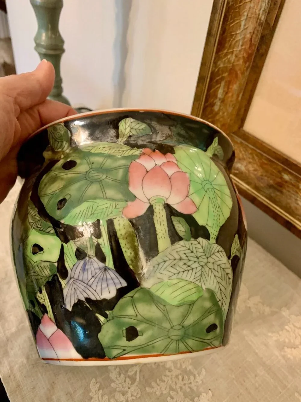 Vintage Chinese Porcelain Famille Noir Hand Painted Chinoiserie Garden Planter - Picture 7 of 8